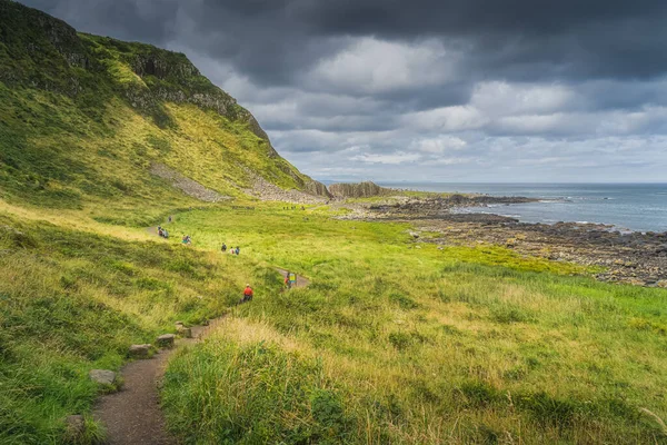 Turistas Camino Formación Rocas Hexagonales Principales Columnas Basalto Giants Causeway Fotos de stock libres de derechos