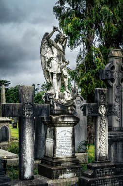 Dublin, İrlanda, Ağustos 2019 Başmelek Michael bir ejderhayı katleden savaşçı aziz, Kelt haçları ve heykelleriyle Glasnevin Mezarlığı 'nda mezarlar