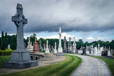 İrlanda 'daki Glasnevin Mezarlığı' nda Kelt haçları ve heykelleri olan mezarlar
