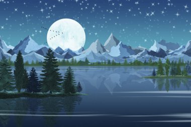 Nehir ve dağlar ay ışığında