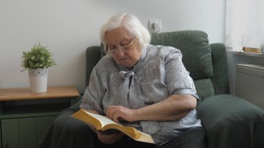 Yaşlı kadın kitap okuyor.