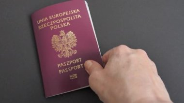 Seyahatten önce Polonya pasaportunu masaya koymak. Siyah arkaplan