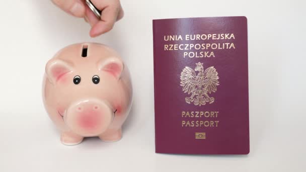 ポーランドのパスポート 貯金箱 旅行貯金 — ストック動画