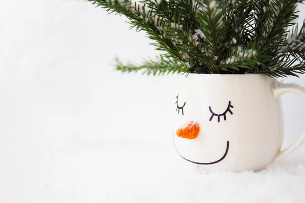 Snowy Fir Branches Cup Face Sleeping Snowman White Background Copy — Stock Photo, Image