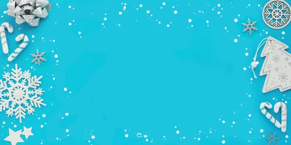 Різдвяна Композиція Синьому Фоні Ялинка Сніжинки Карамельні Палички Зірки Різдвяний Стокове Зображення