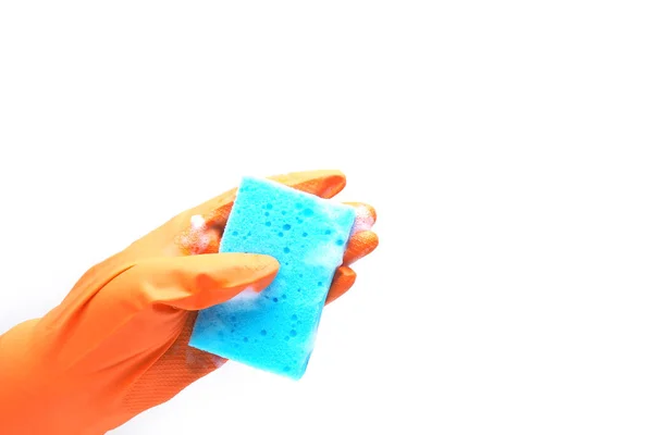 Hand Orange Gummihandske Och Blå Svamp Med Skum Isolat Vit — Stockfoto