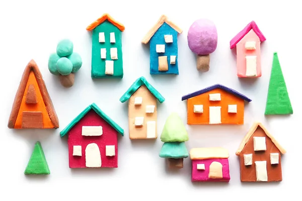 Appliquer Des Maisons Plasticine Multicolore Des Arbres Modèle Village — Photo
