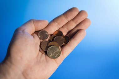 Mavi arka plandaki birinin avucundaki İsveç kronu paraları