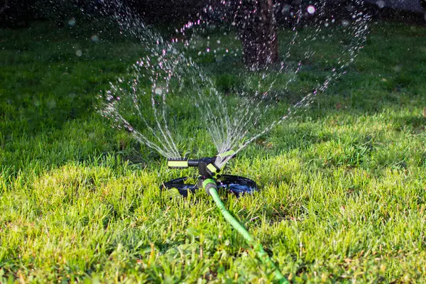 portable lawn sprinkler sprinkles water on green lawn. High quality photo