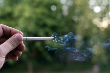 Doğanın arka planında sigara içerek sigara yakmak. Yüksek kalite fotoğraf