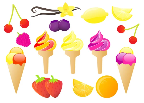 Ice creams and fruits vector set — Stock Vector