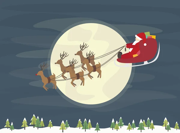 Santa claus vliegen over het bos in slee — Stockvector