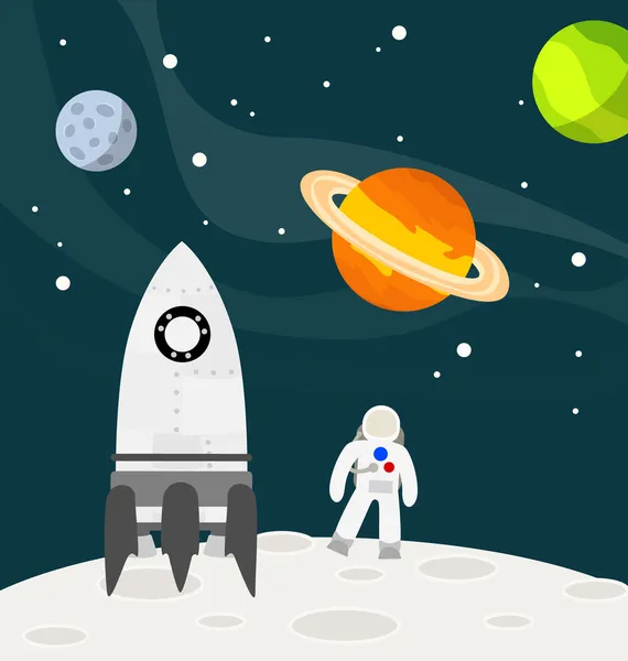 Astronauta en la luna con vector cohete — Vector de stock