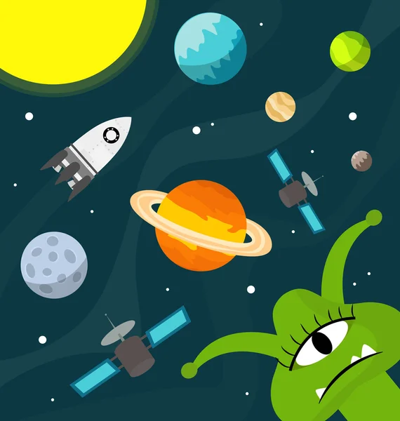 Divertido lindo ufo ilustración en el espacio — Vector de stock