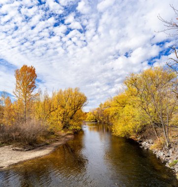 Mavi gökyüzü ve sonbahar ağaçlarıyla Boise Nehri 'nin üzerindeki bulutlar