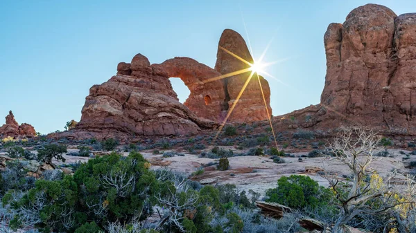 Arches National Park Utah Turret Arch Sun Star — Foto Stock