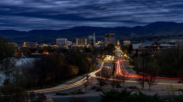 Boise Skyline Night Streaking Car Lights Road — Zdjęcie stockowe