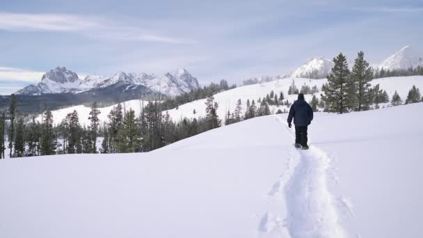 Muž Sněžnicích Sleduje Zimě Stezku Pohořím Sawtooth Dohledu — Stock video