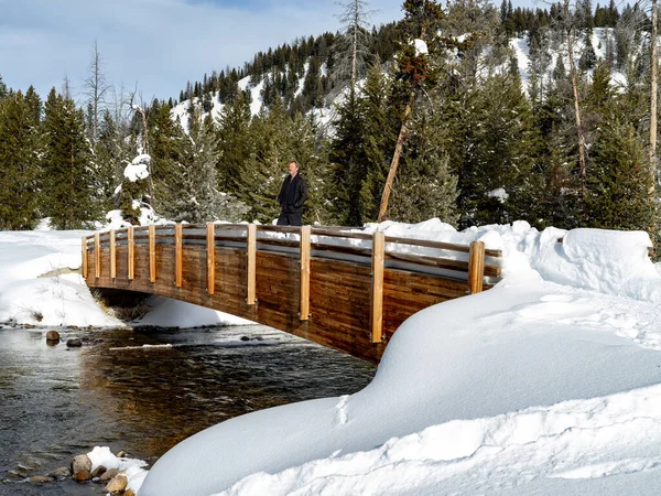 Puente Cubierto Nieve Invierno Arroyo Con Hombre Disfrutando Del Paisaje — Foto de Stock