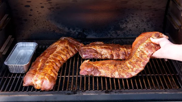 Smoker Grill Pork Ribs Being Added Pitmaster —  Fotos de Stock