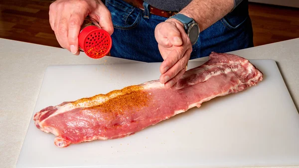 Raw Pork Ribs Prepared Rub Smoker —  Fotos de Stock
