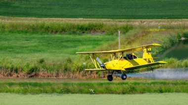 Pilot flies a crop duster and treats farm fields 