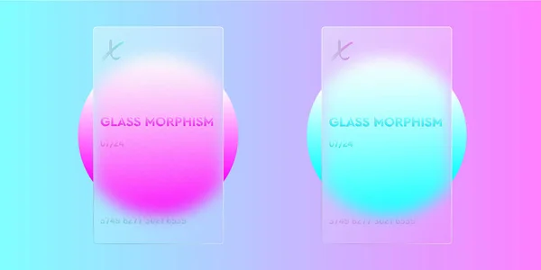 Cam morfizminin etkisi. Şeffaf mat akrilikten yapılmış banka kartları. Renkli bir arkaplanda pembe ve mavi eğimli daireler. Vektör illüstrasyonu