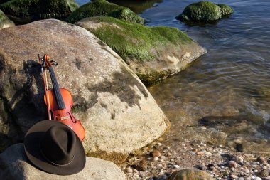 Violin and Cowboy Hat by the Seashore. clipart