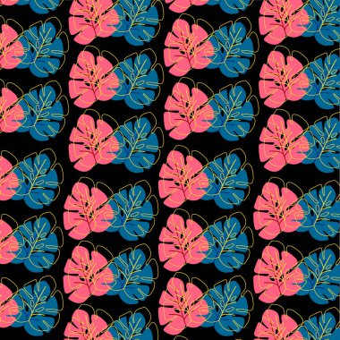 Siyah arkaplanda tropik canavar yaprağı deseni