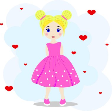 Beyaz benekli, pembe elbiseli, tatlı sarışın kız.