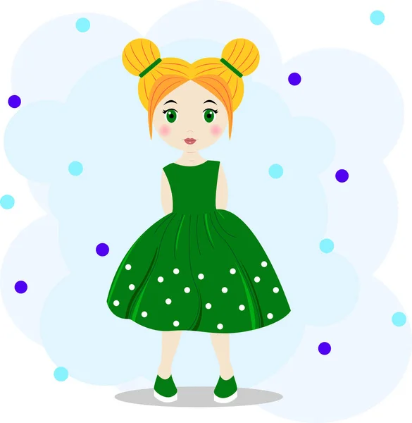 Little Cute Rudowłosa Dziewczyna Zielonej Sukience Białymi Kropkami Polka — Wektor stockowy