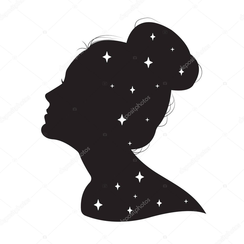 Black vector girl silhouette on a white background. Hairstyle. Girl silhouette  in the stars