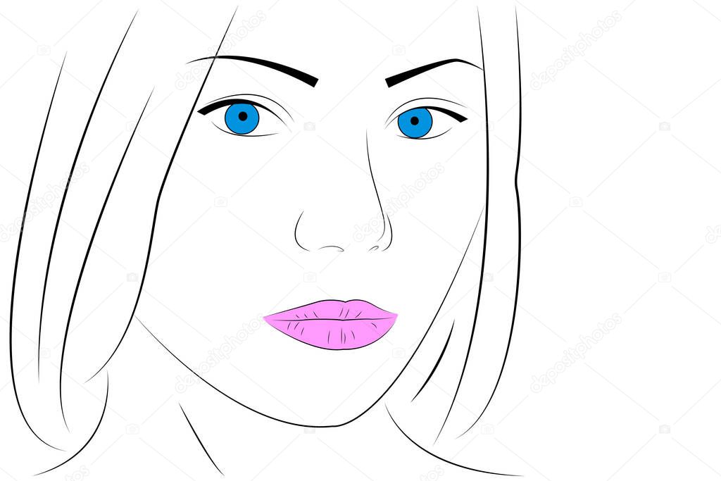 Hand drawn Young woman face. Beautiful girl with pink lips on a white background.Vector isolated illustration. Glamour fashion beauty illustration. Sketch.