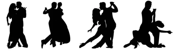 Set Black Silhouettes Dancing Couples Ladies Gentlemen Dancing Tango Men — Stock Vector