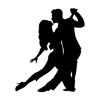 Dans eden bir çiftin silueti. Kadın ve erkek tango yapıyor. Vektör illüstrasyonu beyaz arkaplanda izole edildi