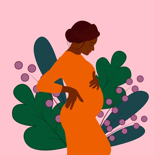 Chica Embarazada Negra Mujer Negra Embarazada Con Vestido Naranja Madre — Vector de stock