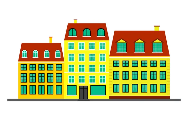 都市生活 北欧風の黄色の家 建物のファサードと風景 白を基調としたベクトルイラスト — ストックベクタ