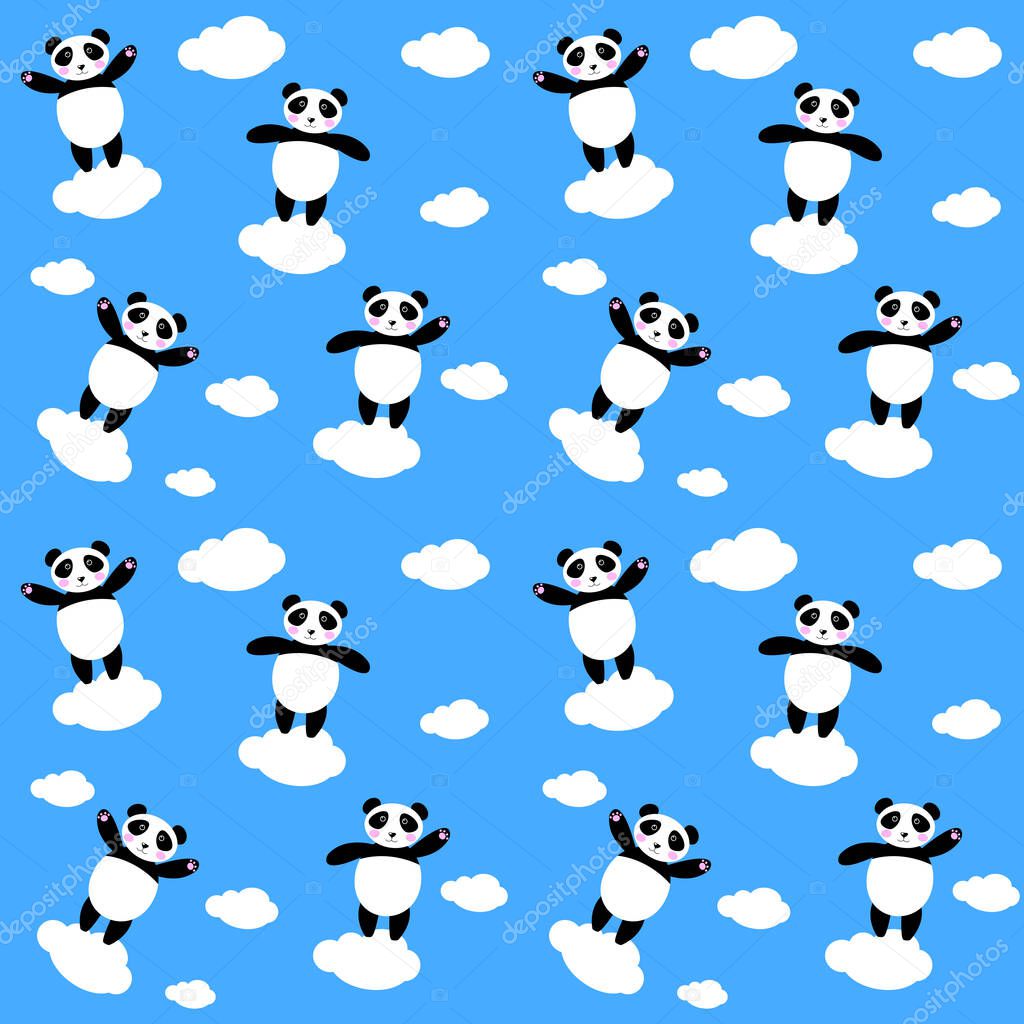 Panda seamless background, happy cute panda flies in the sky between the clouds. Vector illustration for kids