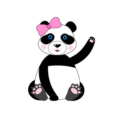 Pençesini sallayan sevimli panda. Panda maskot çizgi film karakteri. Beyaz arka planda izole edilmiş bir hayvan simgesi. İniş web sayfası, afiş, afiş, etiket, kartpostal için uygun düz çizgi film stili. Vektör illüstrasyonu