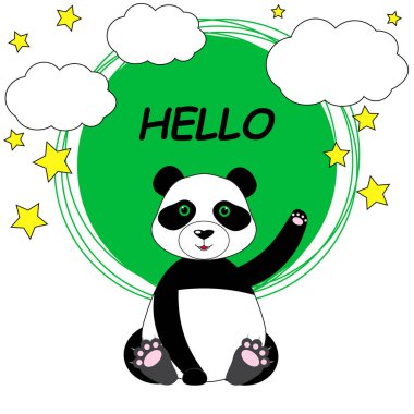 Pençesini sallayan sevimli panda. Panda çizgi film karakteri. Selamlar. Kartpostal Çıkartma. Vektör illüstrasyonu beyaz arkaplanda izole edildi