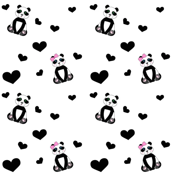 可爱的无缝图案与大熊猫和心脏 儿童的背景 — 图库矢量图片