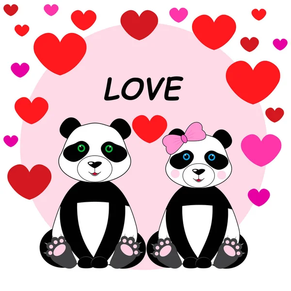 Encantadores Pandas Enamorados Día San Valentín Tarjeta Felicitación Pegatina Ilustración — Vector de stock