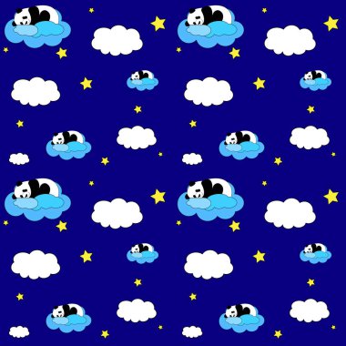 Tatlı uyuyan panda. Panda bulutların üzerinde uyuyor. Çocuklar için kusursuz bir model. Vektör illüstrasyonu