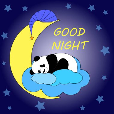 Tatlı bir panda bulutların üzerinde uyur ve büyük bir ay gece gökyüzünün arka planında uyur. Etiket, kartpostal. Vektör illüstrasyonu