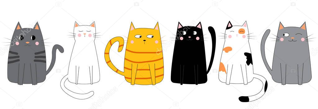 Set of cute funny colorful cats. Doodle cartoon style. Vector illustration isolated on white background