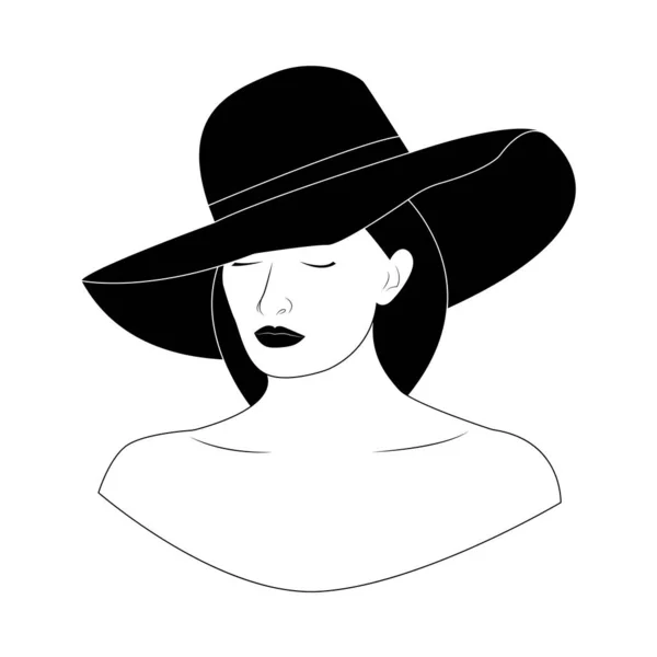 Черно Белый Портрет Красивой Женщины Элегантной Шляпе Женский Силуэт Векторная — стоковый вектор