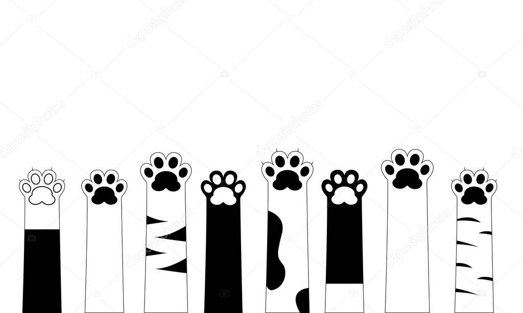 Cat paws. Black and white background, flat design. Cute cat paws wallpaper. Vector illustration