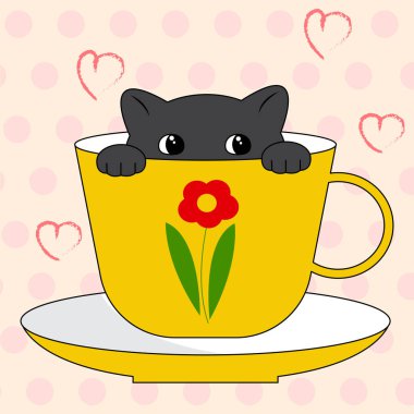 Kahve fincanındaki sevimli karakterler gri kedi. Çizgi film karakteri gibi. Vektör illüstrasyonu