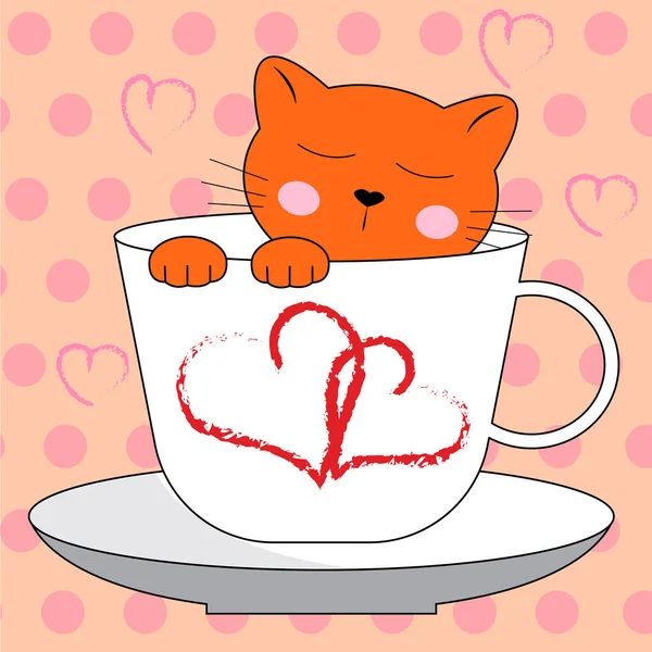 Carino Personaggi Gatto Rosso Una Tazza Caffè Personaggio Dei Cartoni — Vettoriale Stock