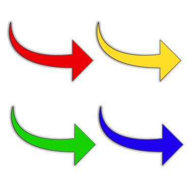 Ok sağ simgeleri ayarlandı. Renkli ok sembolleri. Eğri okları topla. Modern düz oklar izole edildi. Vektör grafik ögeleri.